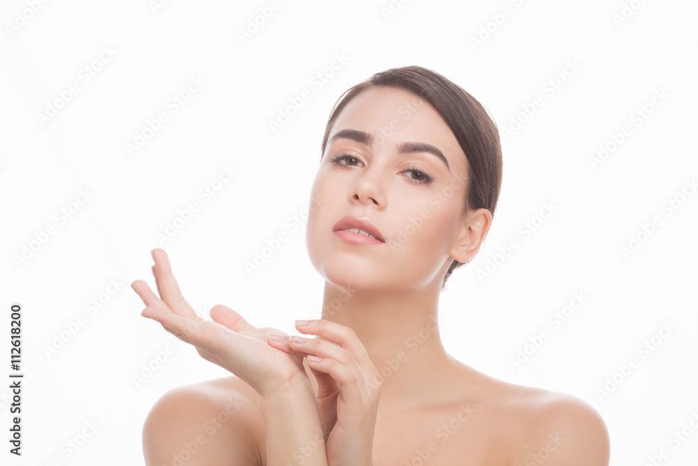 Beautiful woman. Rear view of beautiful shirtless woman looking away while isolated on white background. Beautiful woman. Rear view of beautiful shirtless woman looking away while isolated on white background.
