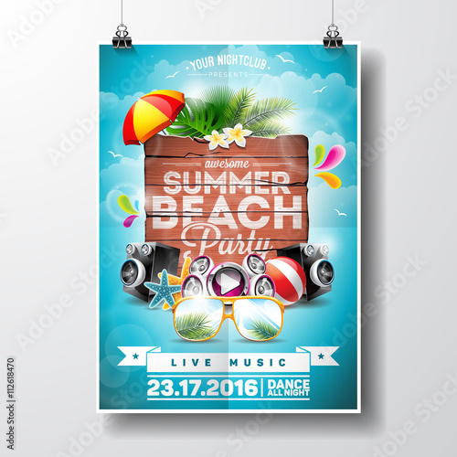 Vector Summer Beach Party Flyer Design with typographic elements on wood texture background. Summer nature floral elements and sunglasses.