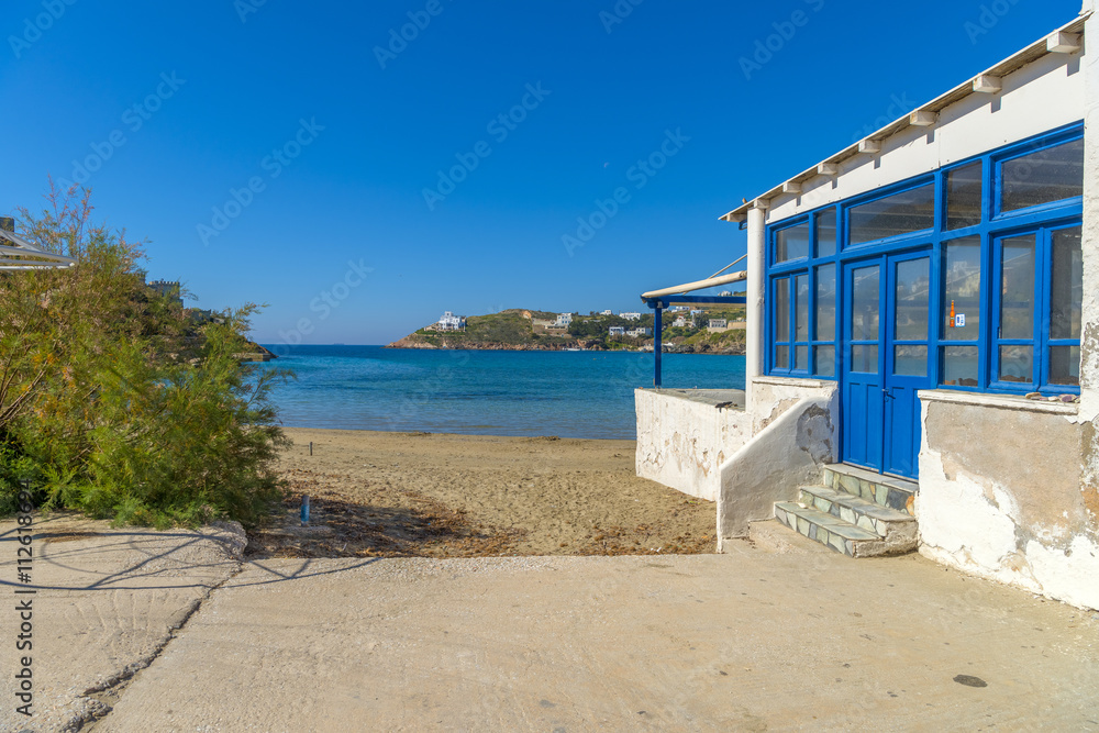 Fototapeta premium Vari beach in Syros, Cyclades, Greece. Panoramic view of one of