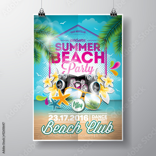 Vector Summer Beach Party Flyer Design with typographic elements on ocean landscape background. Summer nature floral elements, palm leaves and sunglasses.