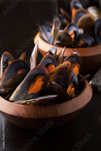 Obraz na plátně Delicious mussels with fresh herbs in a pot