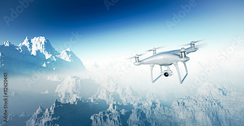 Fototapeta Naklejka Na Ścianę i Meble -  Photo White Matte Generic Design Modern RC Drone with camera Flying in Sky under the Earth Surface. Grand Canyon Background. Horizontal, front top angle view. Film Effect. 3D rendering.