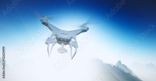 Photo White Matte Generic Design Modern Remote Control Drone with camera Flying in blue Sky under the Earth Surface. Grand Canyon Background. Horizontal, angle view. Film Effect. 3D rendering. © SFIO CRACHO