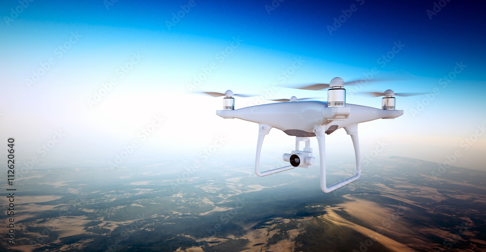 Fototapeta premium Photo White Matte Generic Design Air Drone with action camera Flying Sky under Earth Surface.Uninhabited Desert Mountains Sunset Background.Horizontal,front top angle view.Film Effect.3D rendering.