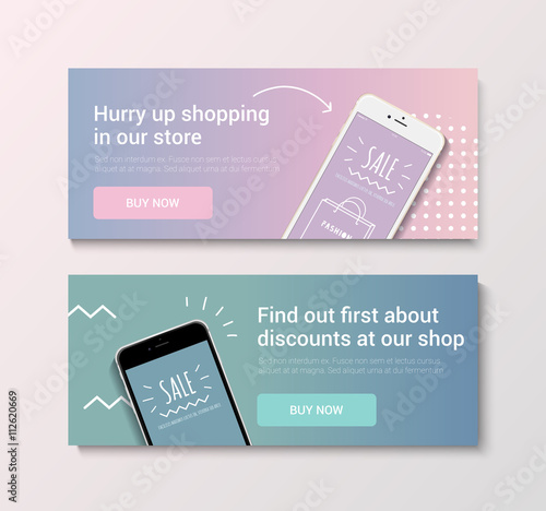 Set of banners with discount promotions. Illustration with phone discounts. Banners bedding colors.