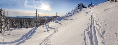 Snowy hillside slope with forest at sunset in winter