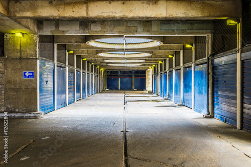 Photography Industrial look pedestrian underpass in Golden Lane Estate, a 1950s council housing complex in the City of London