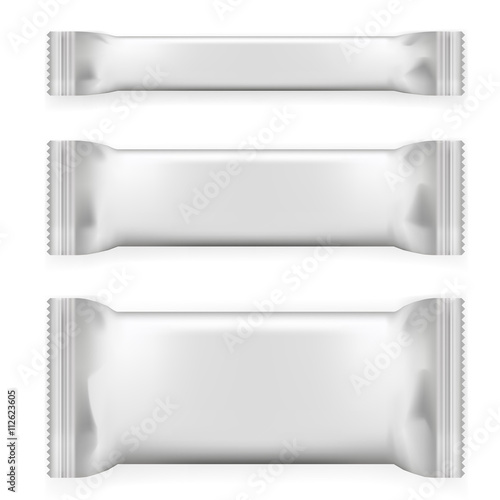Realistic blank template packages for sneek, chocolates candys. plastic pack set