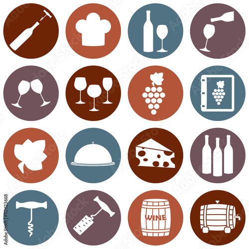 Wine icons set. Flat wine design for restaurant, food and drink. Vector illustration.