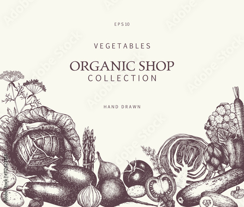 Healthy Food background. Vector vegetables illustration. Sketched menu design. Eco food template with hand drawn vegetables sketch. Vintage style.