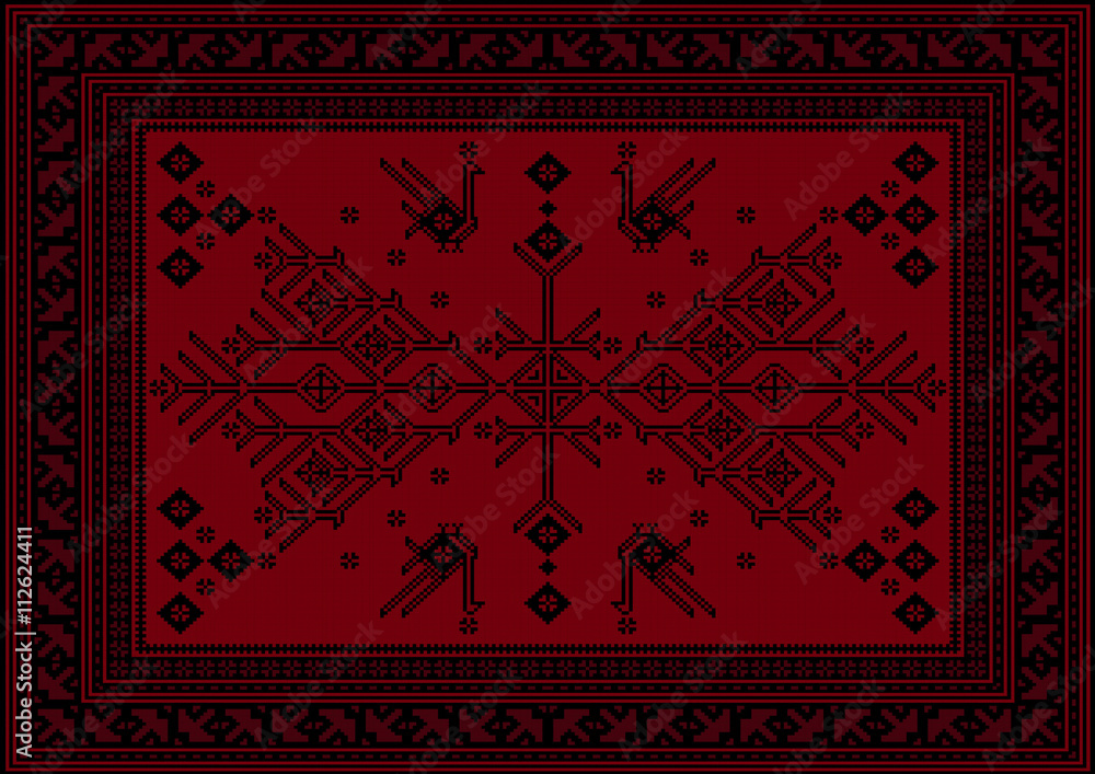 Luxury carpet with ethnic patterned tree and birds in red and maroon shades
