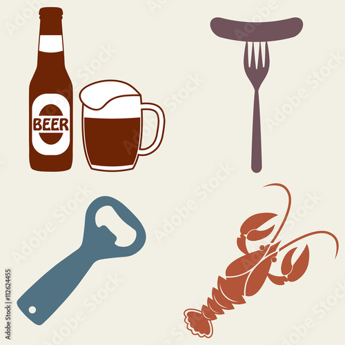 Beer icons set. Beer bottle, mug, opener, crawfish. Vector symbols and design elements for restaurant, pub or cafe.