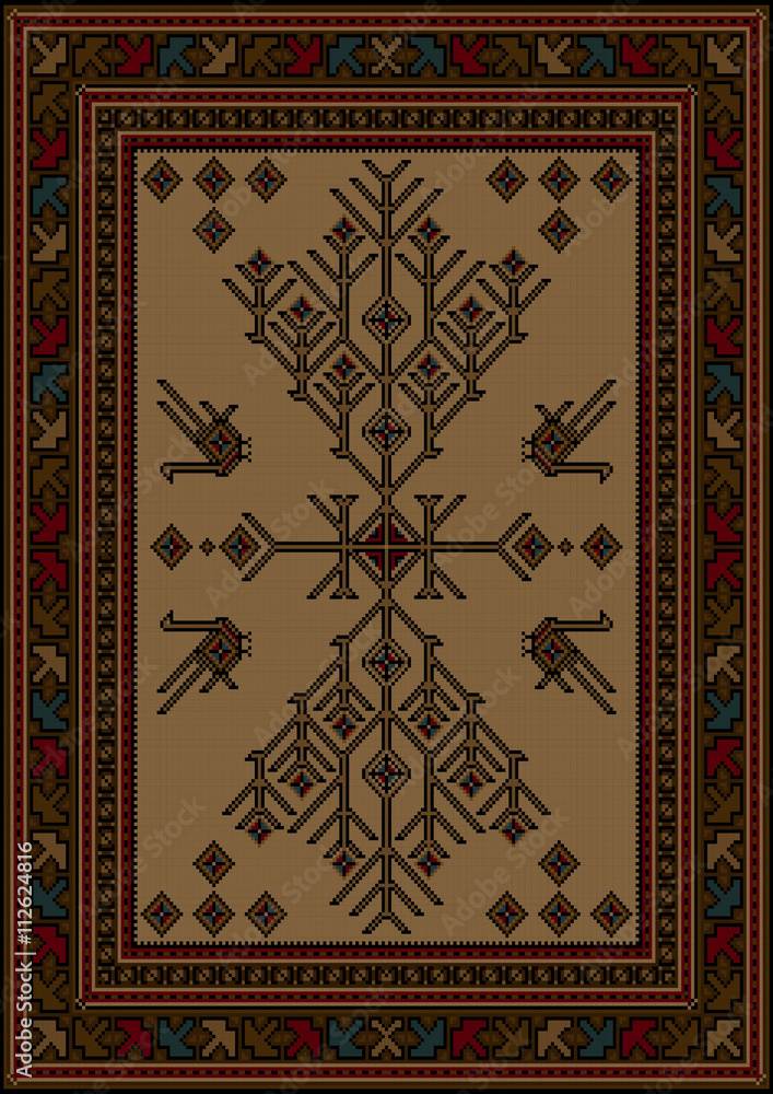 Luxury carpet with ethnic patterned tree and birds in the center on a yellow background
