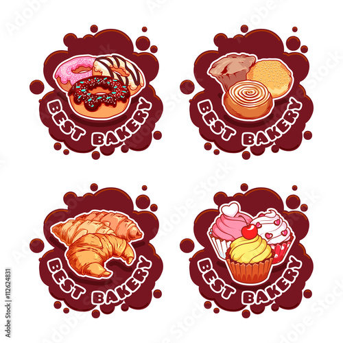 Four stickers with different bakery products.