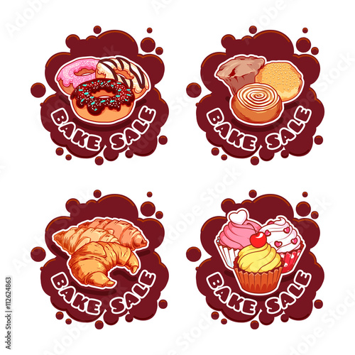 Four stickers with different bakery products.