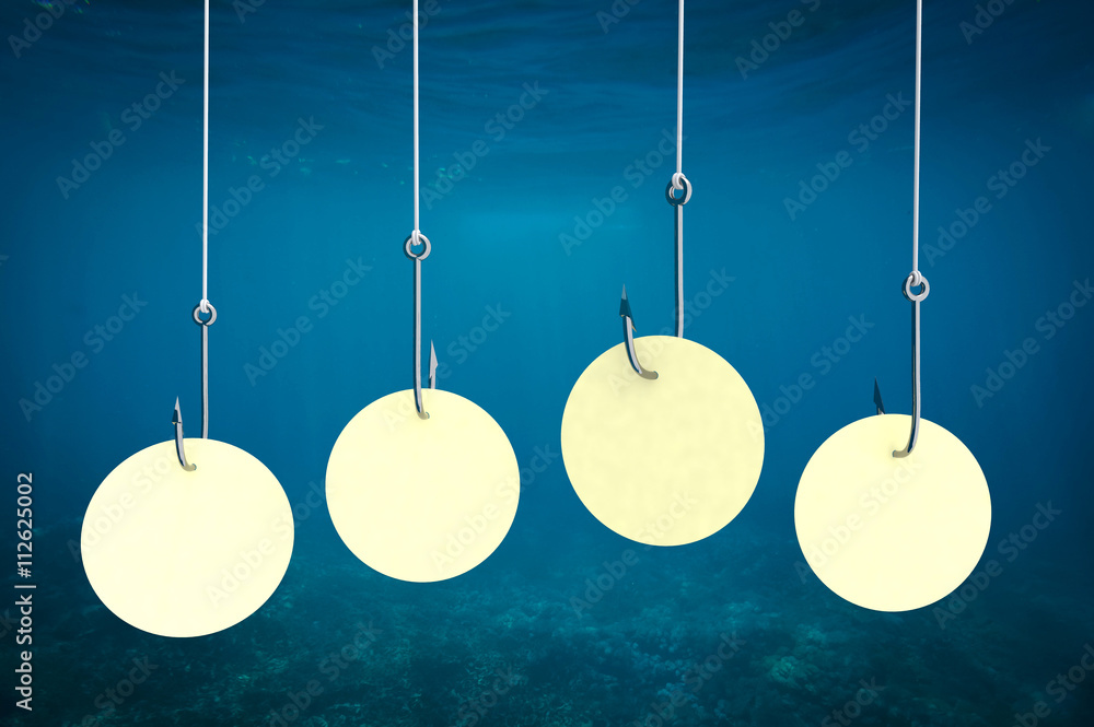 Multiple fishing hooks under sea water and banner Multiple fishing hooks under sea water and banner