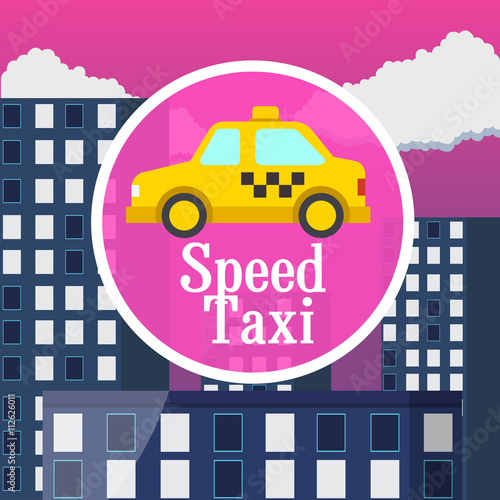 Taxi ad poster with yellow car on city background