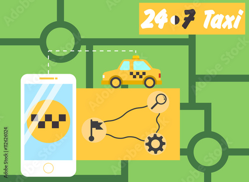 Taxi ad poster with yellow car on city background