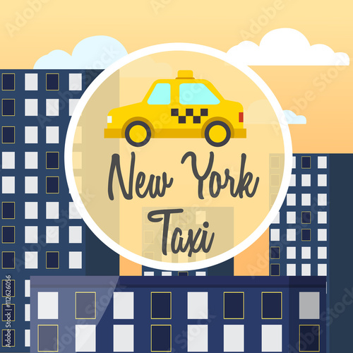 Taxi ad poster with yellow car on city background