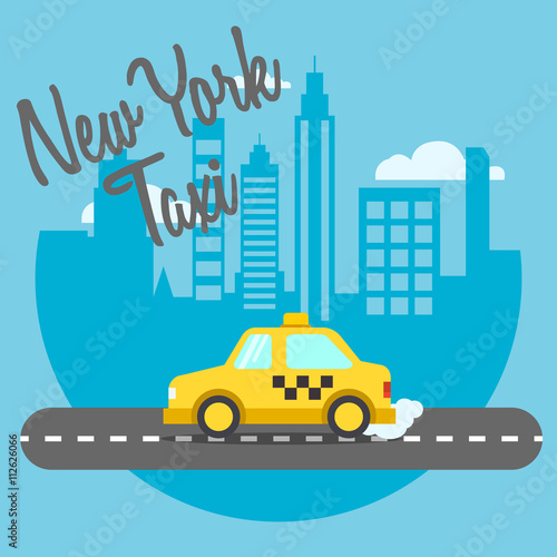 Taxi ad poster with yellow car on city background