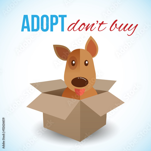 Cute dog in a box with Adopt Don't buy text. Homeless animals concept, pets adoption theme. Vector illustration