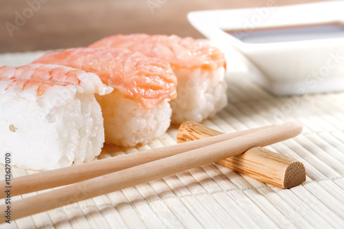 Salmon sushi nigiri on a table closeup