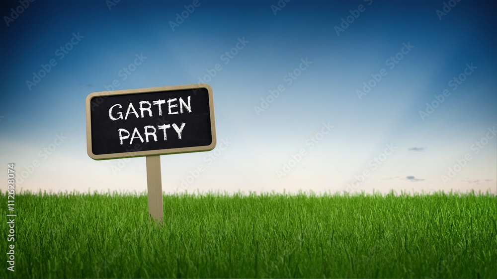 Rectangular sign in grass with garden party text