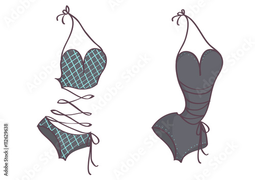 Set of two swimsuits in dramatic vogue style.