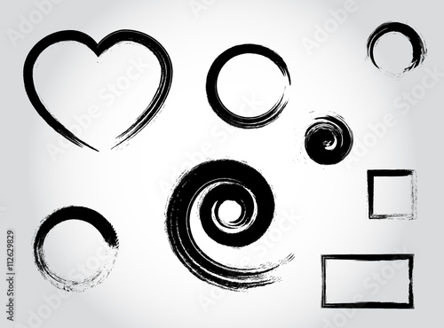 Ink calligraphy strokes. Heart shape, round, circle, spiral, square black set elements vector