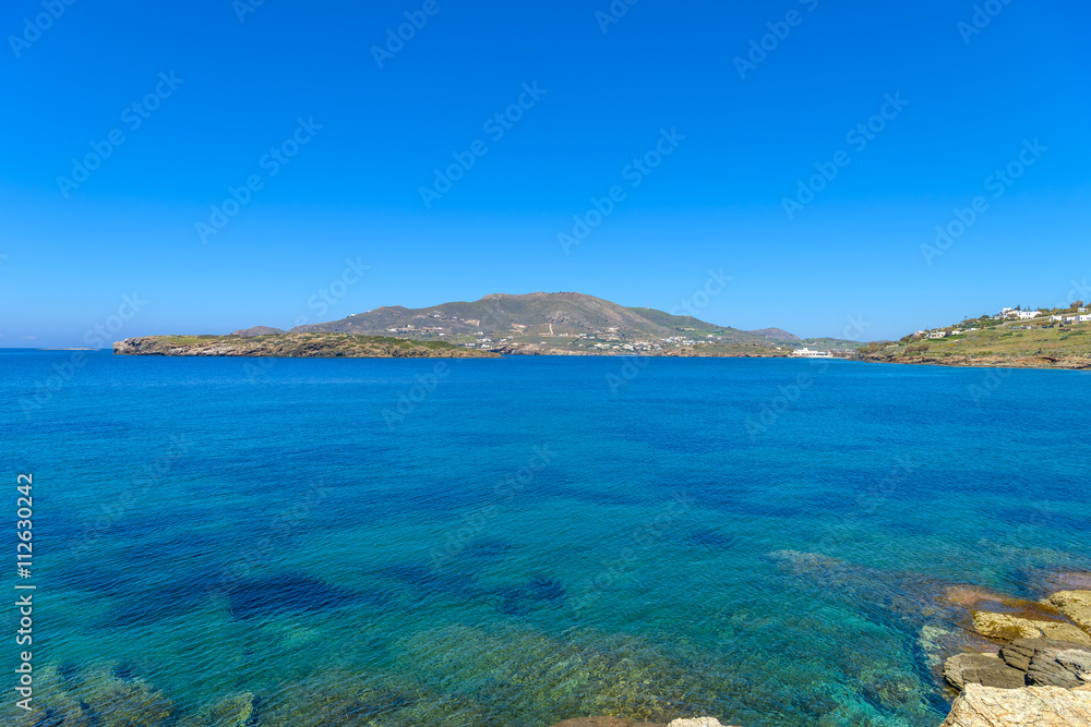 Rocky beach in Mykonos, Cyclades, Greece.