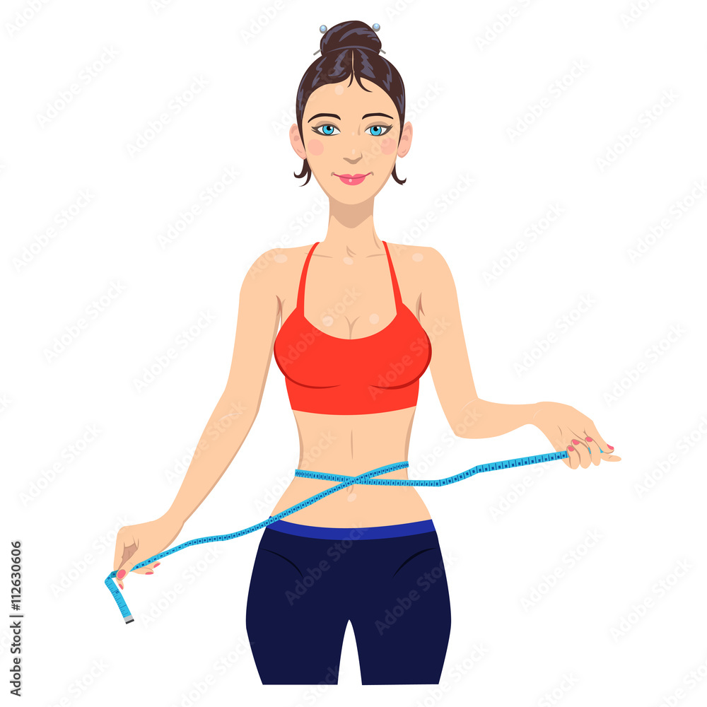 Young slim woman measuring waist with tape.illustration of slim lady with measuring tape Young slim woman measuring waist with tape.illustration of slim lady with measuring tape