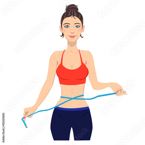 Young slim woman measuring waist with tape.illustration of slim lady with measuring tape © stepangil