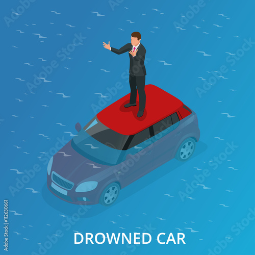 Drowned car. A car accident drowned. Flat 3d vector isometric illustration.