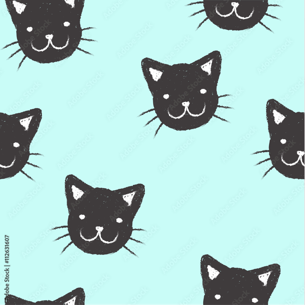 Fototapeta premium Seamless pattern with hand drawn black faced kitten on a blue background