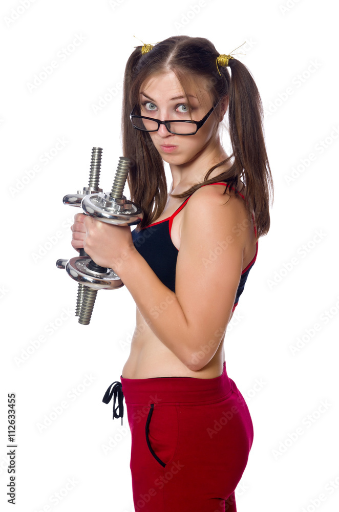 Funny woman with dumbbells isolated on white Funny woman with dumbbells isolated on white
