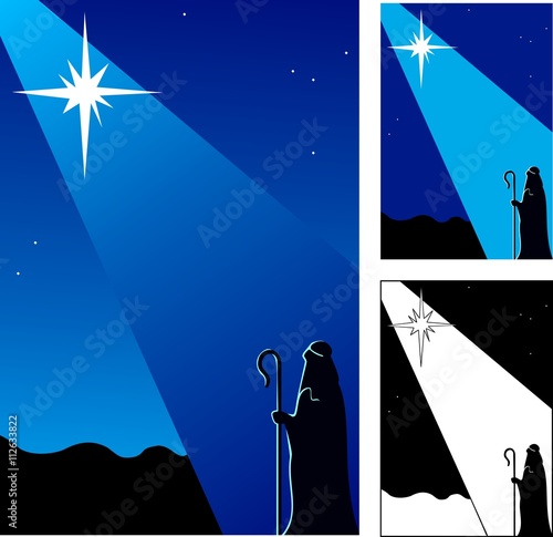 Star of Bethlehem announcing the birth of Christ to a shepherd in the field.