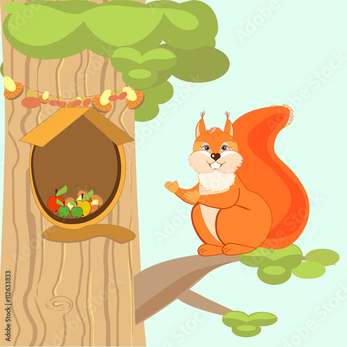 Red fun squirrel invites to his home the hollow on the tree for a meal of mushrooms and apples