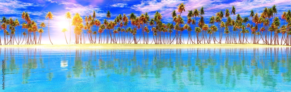 Naklejka premium grove of palm trees on the beach, tropical beach, panorama