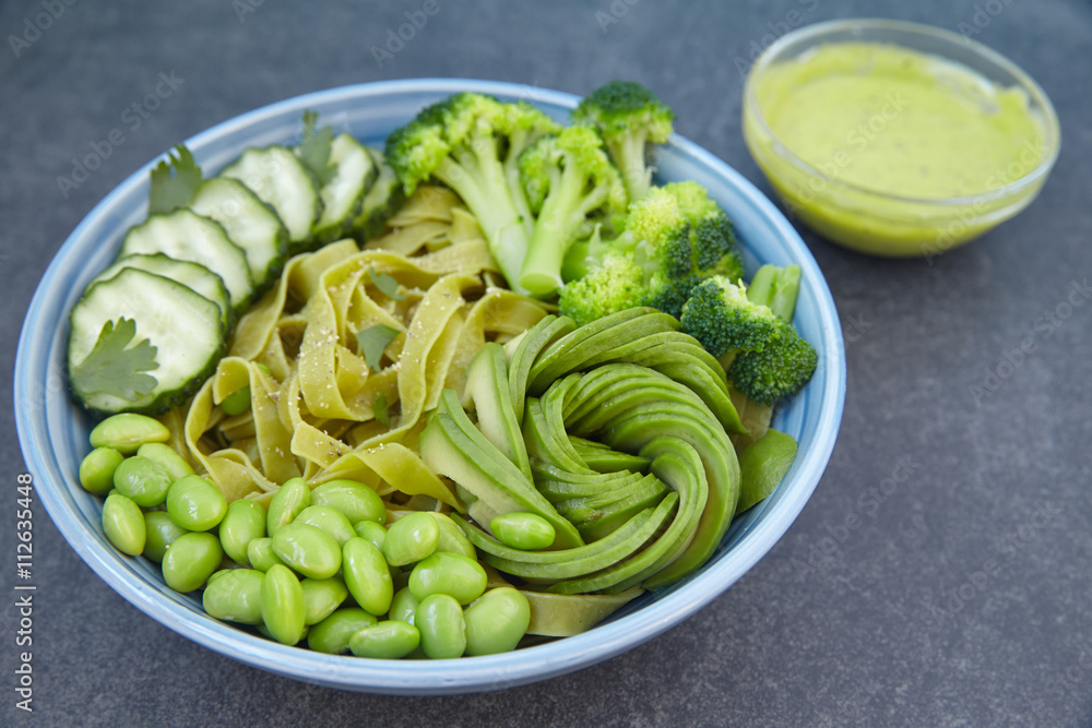 Vegetarian pasta with cucumber, broccoli, avocado and edamame Vegetarian pasta with cucumber, broccoli, avocado and edamame