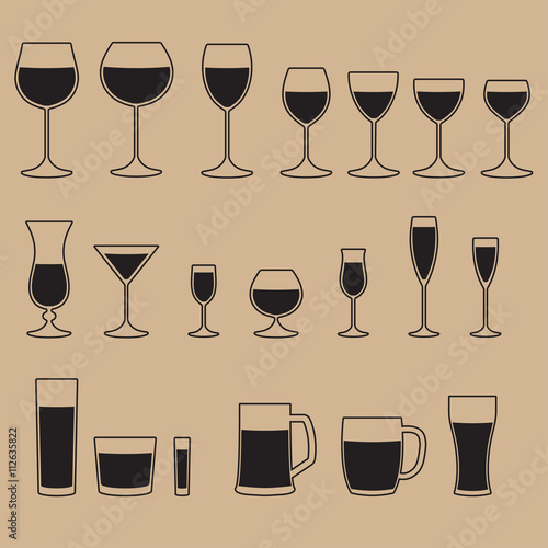 Glass icon set. Glassware for a different drinks. Beer glass, Wine glass and Cups isolated icons collection. Vector illustration.