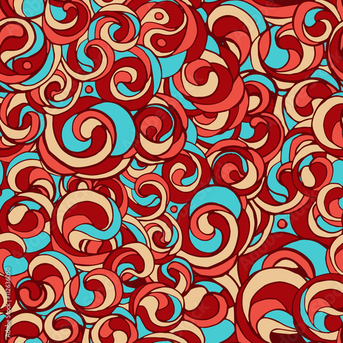 Beautiful seamless color pattern in doodle style, hand-drawn. Bright interlacing loops, waves and curls, juicy summer colors perfect for decoration fabrics, packaging, web design. Vector pattern.