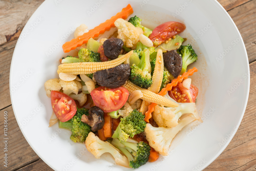 Stir-fried mixed vegetables. Top view. Stir-fried mixed vegetables. Top view.
