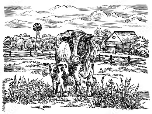 Field with cows. Vector hand drawn graphic illustration. Rural landscape.