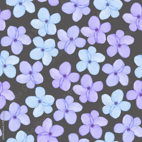 A seamless floral pattern with watercolor hand-drawn tender blue spring flowers, painted on a dark background © nastyasklyarova
