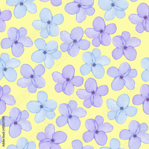 A seamless floral pattern with watercolor hand-drawn tender blue spring flowers  painted on a yellow background