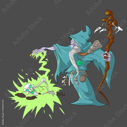 Necromancer rising a dead sceleton with magic.
