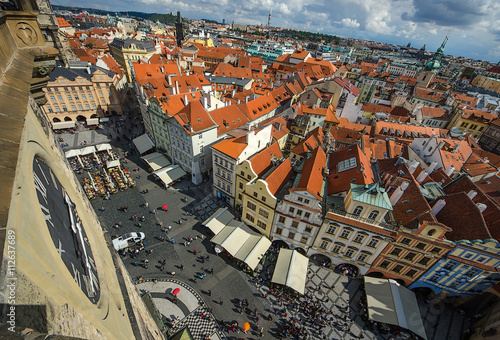 Prague, Czech Republic. Aerial view over Church of Our Lady before Tyn at Old Town square (Starometska) in Praha. photo