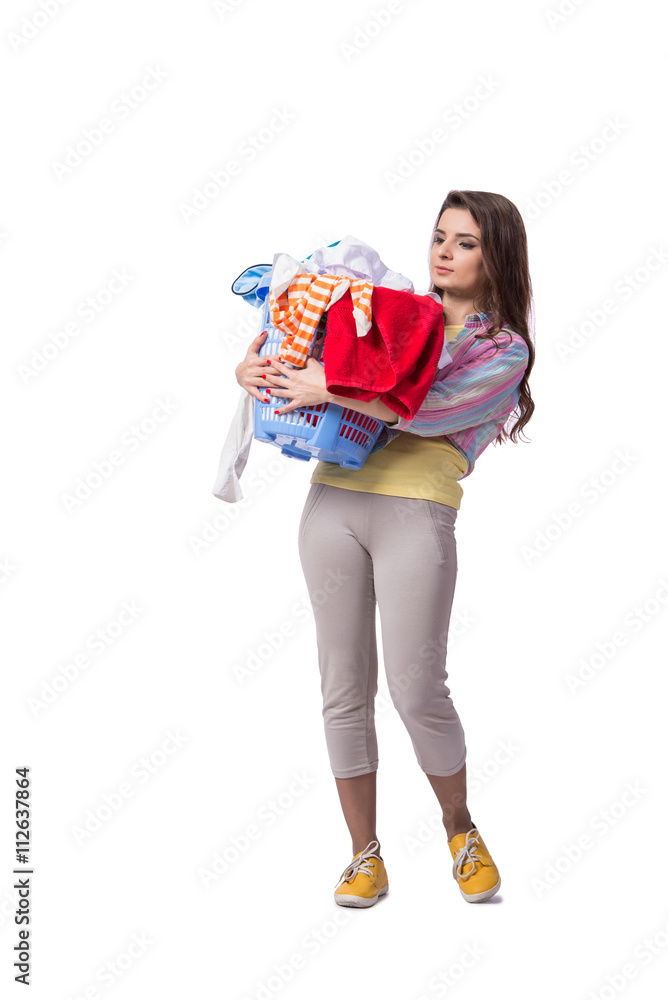 Woman tired after doing laundry isolated on white Woman tired after doing laundry isolated on white