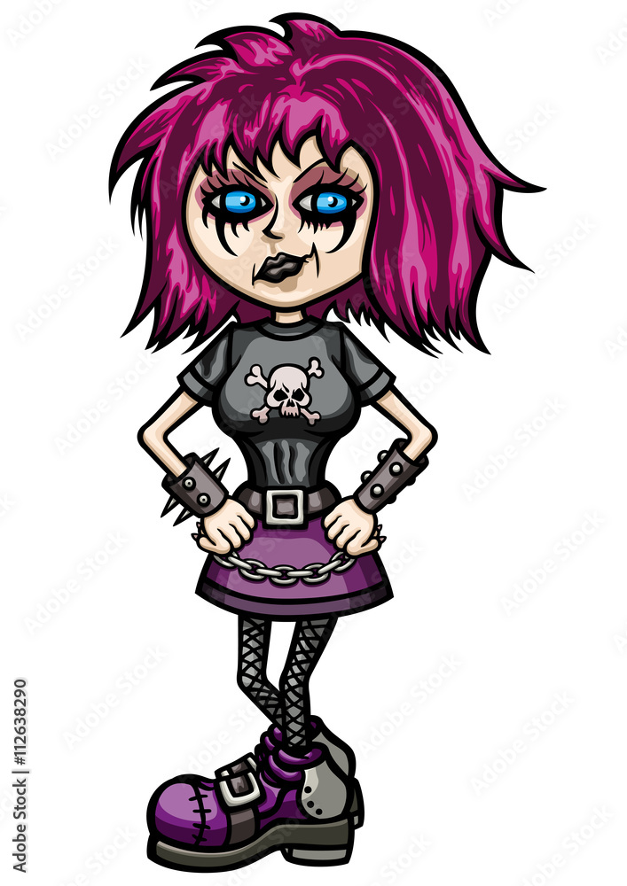 Goth cool teenage girl. Illustration cartoon girl, dressed in subculture clothes in dark goth or