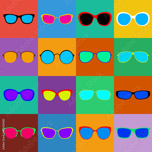 Set of sunglasses on colored squares. Flat design